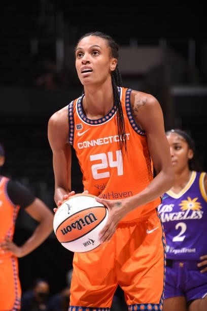 DeWanna Bonner of the Connecticut Sun shoots a free throw against the Los Angeles Sparks on September 9, 2021 at the Staples Center in Los Angeles,...