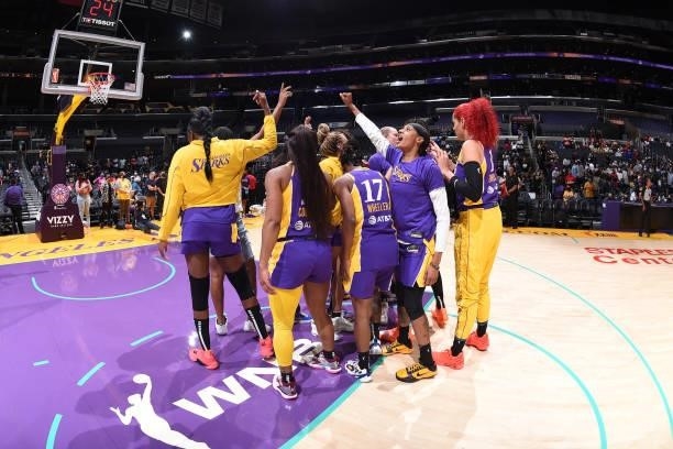 The Los Angeles Sparks huddle up before the game against the Connecticut Sun on September 9, 2021 at the Staples Center in Los Angeles, California....