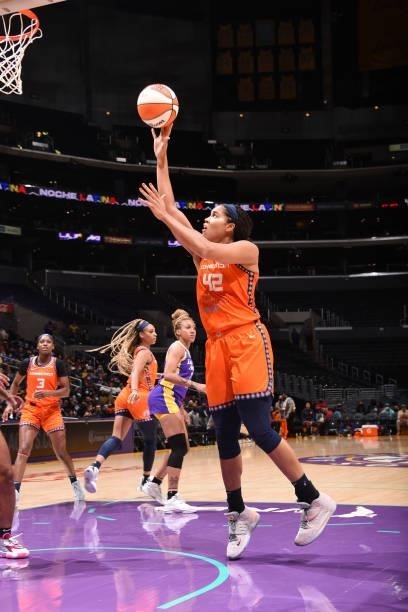 Brionna Jones of the Connecticut Sun shoots the ball against the Los Angeles Sparks on September 9, 2021 at the Staples Center in Los Angeles,...