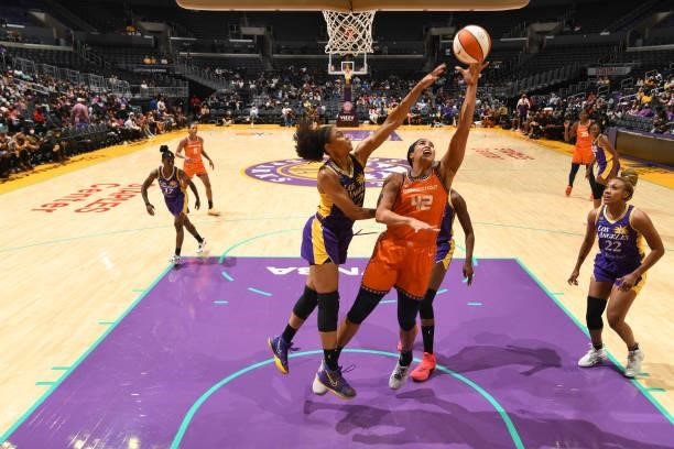 Brionna Jones of the Connecticut Sun shoots the ball against the Los Angeles Sparks on September 9, 2021 at the Staples Center in Los Angeles,...