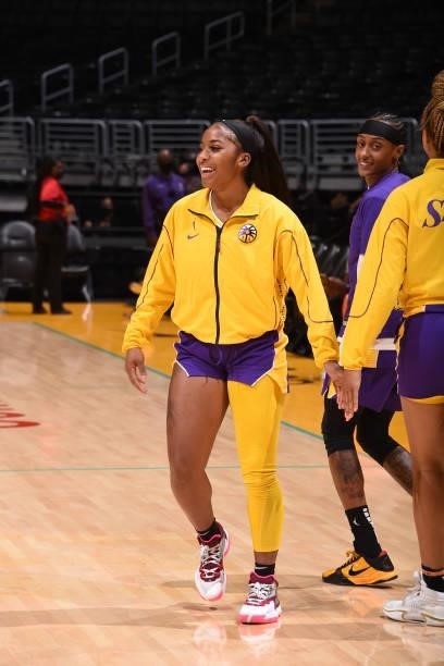 Te'a Cooper of the Los Angeles Sparks smiles before the game against the Connecticut Sun on September 9, 2021 at the Staples Center in Los Angeles,...