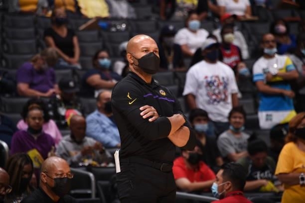 Head Coach Derek Fisher of the Los Angeles Sparks looks on during the game against the Connecticut Sun on September 9, 2021 at the Staples Center in...