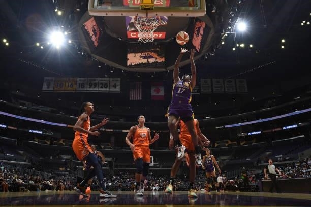 Erica Wheeler of the Los Angeles Sparks shoots the ball against the Connecticut Sun on September 9, 2021 at the Staples Center in Los Angeles,...