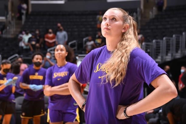 Lauren Cox of the Los Angeles Sparks looks on before the game against the Connecticut Sun on September 9, 2021 at the Staples Center in Los Angeles,...