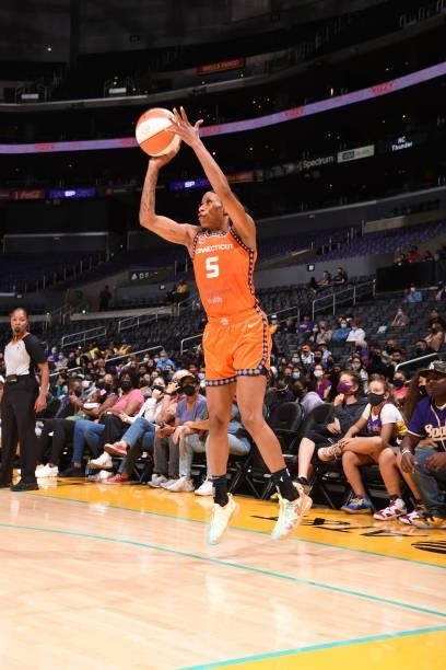 Jasmine Thomas of the Connecticut Sun shoots the ball during the game against the Los Angeles Sparks on September 9, 2021 at the Staples Center in...