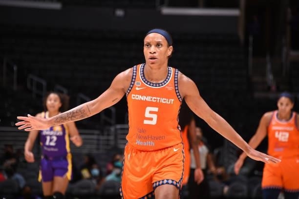 Jasmine Thomas of the Connecticut Sun looks on during the game against the Los Angeles Sparks on September 9, 2021 at the Staples Center in Los...