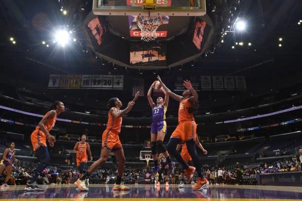 Nia Coffey of the Los Angeles Sparks shoots the ball against the Connecticut Sun on September 9, 2021 at the Staples Center in Los Angeles,...