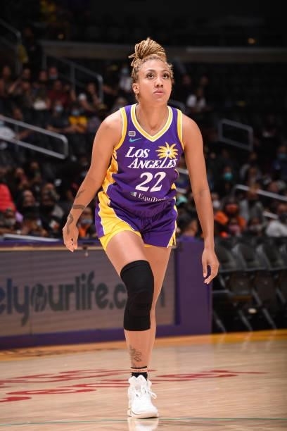 Arella Guirantes of the Los Angeles Sparks looks up during the game against the Connecticut Sun on September 9, 2021 at the Staples Center in Los...