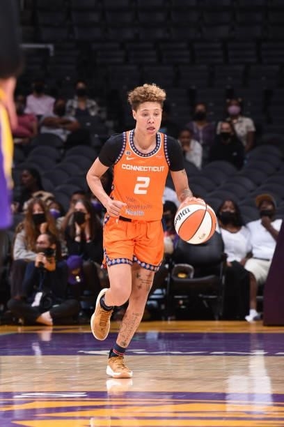 Natisha Hiedeman of the Connecticut Sun handles the ball during the game against the Los Angeles Sparks on September 9, 2021 at the Staples Center in...