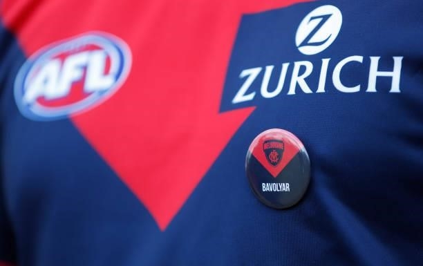 Demons member badge is seen during the 2021 AFL First Preliminary Final match between the Melbourne Demons and the Geelong Cats at Optus Stadium on...