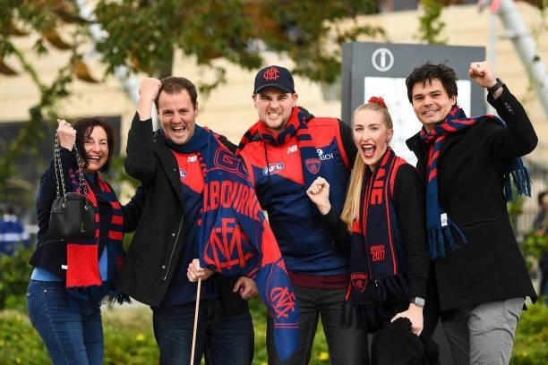 Demons fans show their support during the 2021 AFL First Preliminary Final match between the Melbourne Demons and the Geelong Cats at Optus Stadium...