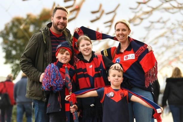 Demons fans show their support during the 2021 AFL First Preliminary Final match between the Melbourne Demons and the Geelong Cats at Optus Stadium...