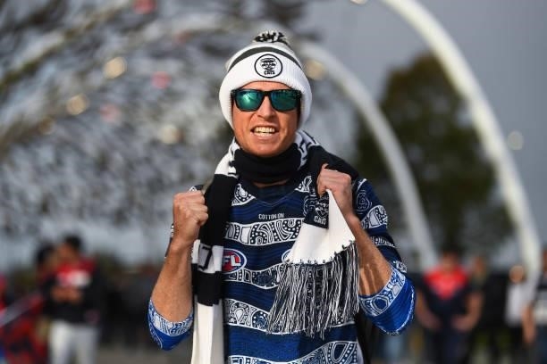 Cats fan show his support during the 2021 AFL First Preliminary Final match between the Melbourne Demons and the Geelong Cats at Optus Stadium on...