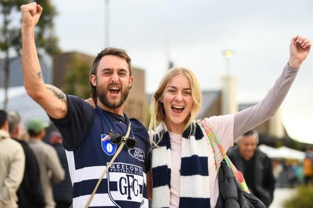 Cats fans show their support during the 2021 AFL First Preliminary Final match between the Melbourne Demons and the Geelong Cats at Optus Stadium on...