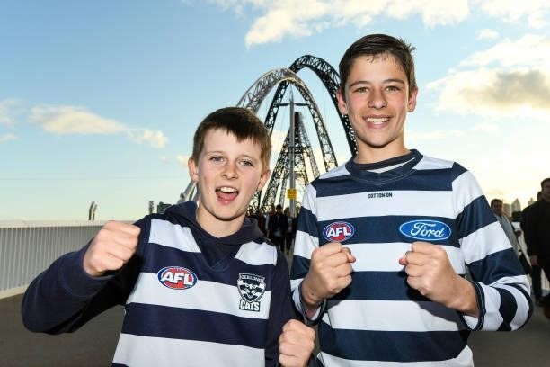Cats fans show their support during the 2021 AFL First Preliminary Final match between the Melbourne Demons and the Geelong Cats at Optus Stadium on...