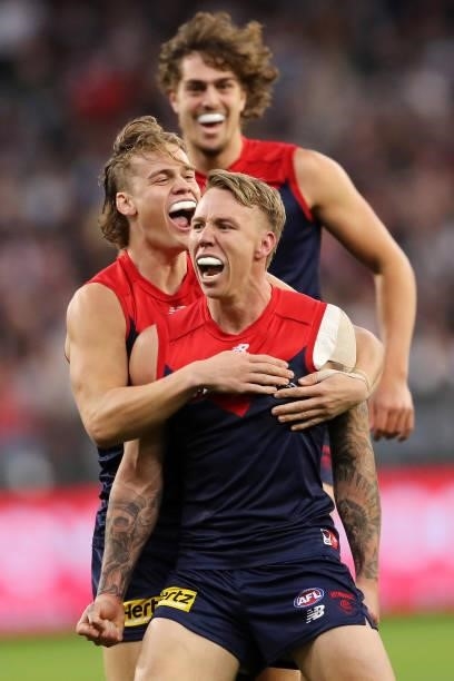 James Harmes of the Demons celebrates after scoring a goal during the 2021 AFL First Preliminary Final match between the Melbourne Demons and the...