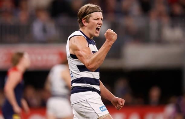 Rhys Stanley of the Cats celebrates a goal during the 2021 AFL First Preliminary Final match between the Melbourne Demons and the Geelong Cats at...