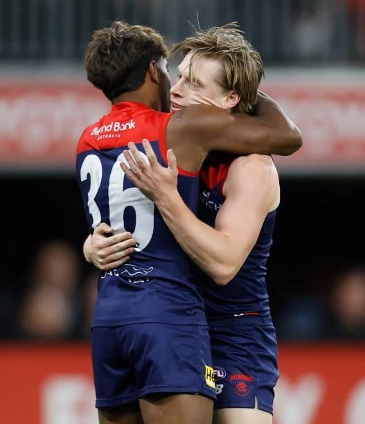 Kysaiah Pickett and Charlie Spargo of the Demons celebrate during the 2021 AFL First Preliminary Final match between the Melbourne Demons and the...