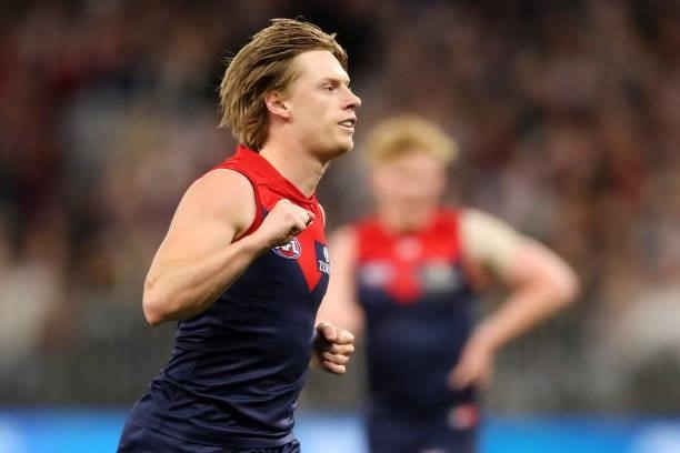 Charlie Spargo of the Demons celebrates after scoring a goal during the 2021 AFL First Preliminary Final match between the Melbourne Demons and the...