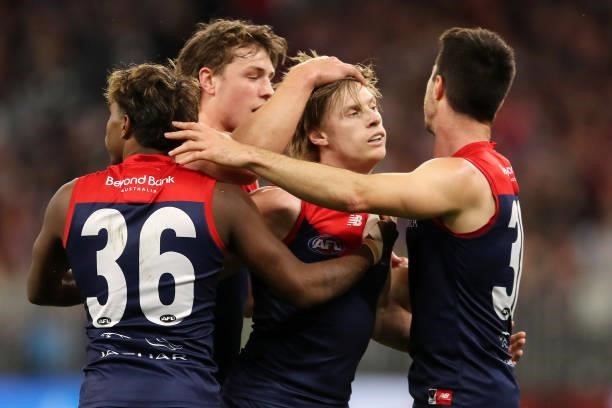 Charlie Spargo of the Demons celebrates after scoring a goal during the 2021 AFL First Preliminary Final match between the Melbourne Demons and the...