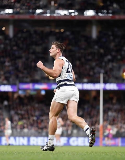 Tom Hawkins of the Cats celebrates during the 2021 AFL First Preliminary Final match between the Melbourne Demons and the Geelong Cats at Optus...