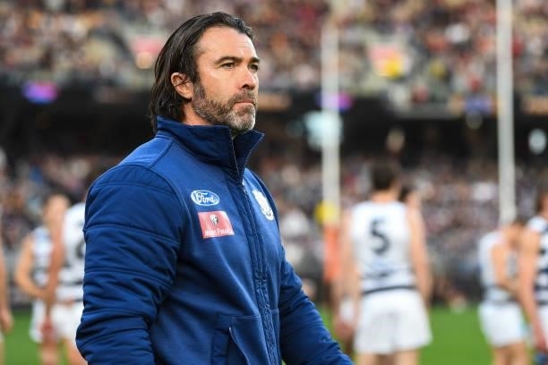 Chris Scott, Senior Coach of the Cats looks on during the 2021 AFL First Preliminary Final match between the Melbourne Demons and the Geelong Cats at...