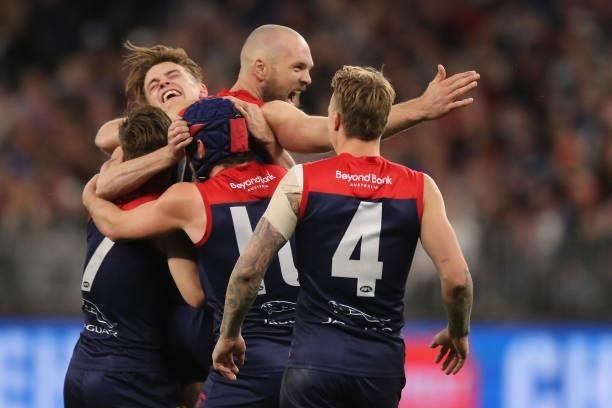 Max Gawn of the Demons celebrates after scoring a goal during the 2021 AFL First Preliminary Final match between the Melbourne Demons and the Geelong...
