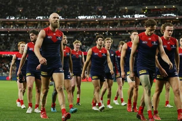 The Demons leave the field at the main break during the 2021 AFL First Preliminary Final match between the Melbourne Demons and the Geelong Cats at...