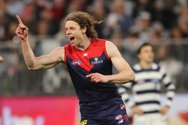 Ben Brown of the Demons celebrates after scoring a goal during the 2021 AFL First Preliminary Final match between the Melbourne Demons and the...