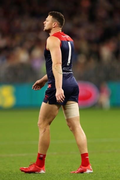 Steven May of the Demons looks on during the 2021 AFL First Preliminary Final match between the Melbourne Demons and the Geelong Cats at Optus...