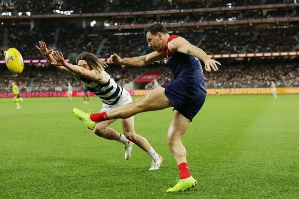 Michael Hibberd of the Demons kicks the ball during the 2021 AFL First Preliminary Final match between the Melbourne Demons and the Geelong Cats at...