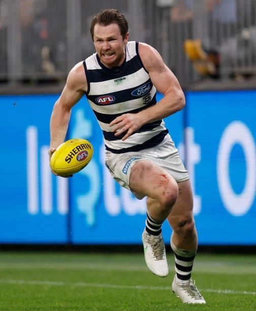 Patrick Dangerfield of the Cats in action during the 2021 AFL First Preliminary Final match between the Melbourne Demons and the Geelong Cats at...