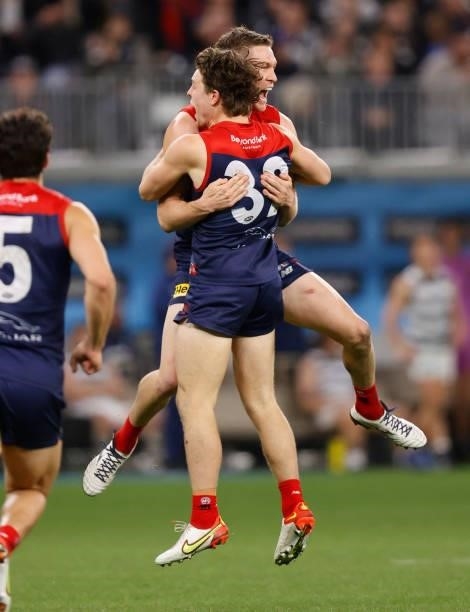 Tom Sparrow and Tom McDonald of the Demons celebrate during the 2021 AFL First Preliminary Final match between the Melbourne Demons and the Geelong...