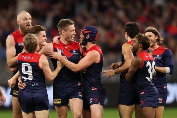 Tom McDonald of the Demons celebrates after scoring a goal during the 2021 AFL First Preliminary Final match between the Melbourne Demons and the...