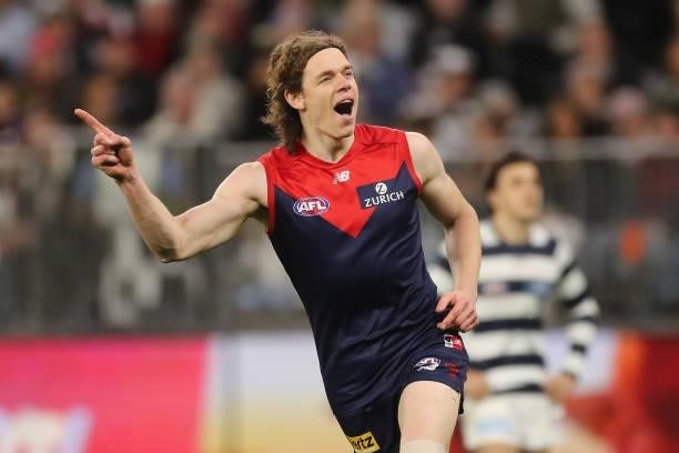 Ben Brown of the Demons celebrates after scoring a goal during the 2021 AFL First Preliminary Final match between the Melbourne Demons and the...