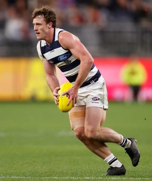 Jed Bews of the Cats in action during the 2021 AFL First Preliminary Final match between the Melbourne Demons and the Geelong Cats at Optus Stadium...