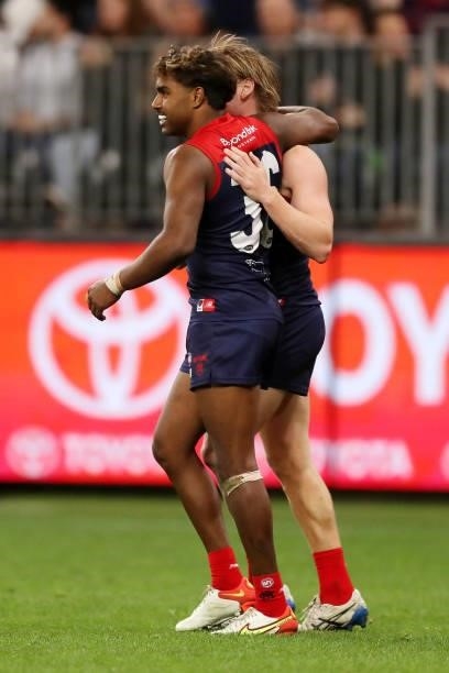 Sam Weideman of the Demons celebrates after scoring a goal during the 2021 AFL First Preliminary Final match between the Melbourne Demons and the...