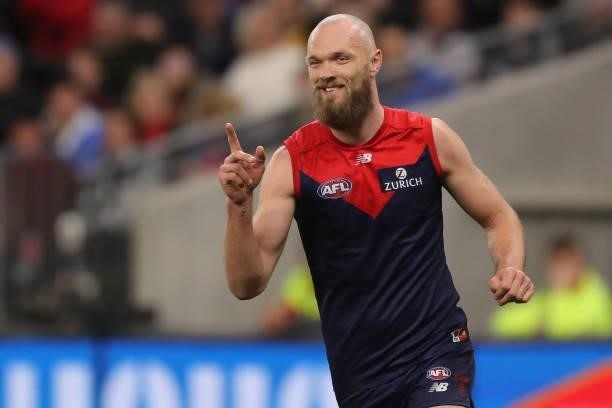 Max Gawn of the Demons celebrates after scoring a goal during the 2021 AFL First Preliminary Final match between the Melbourne Demons and the Geelong...