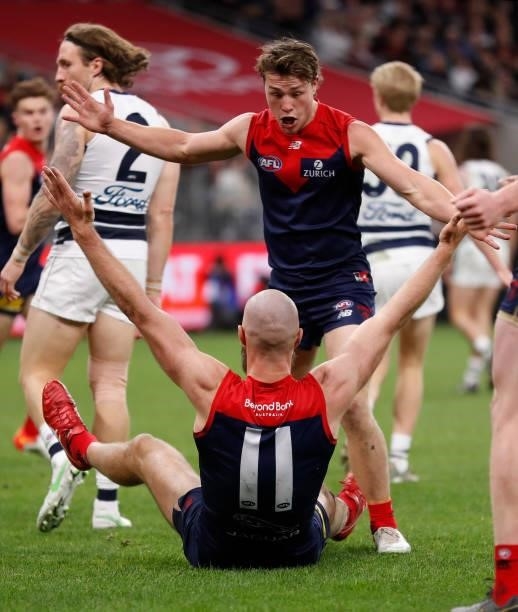 Max Gawn and Tom Sparrow of the Demons celebrate during the 2021 AFL First Preliminary Final match between the Melbourne Demons and the Geelong Cats...