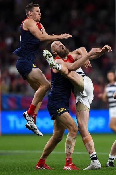 Tom McDonald and Max Gawn of the Demons compete for the ball during the 2021 AFL First Preliminary Final match between the Melbourne Demons and the...