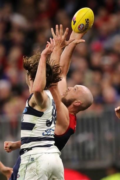 Max Gawn of the Demons takes an overhead mark during the 2021 AFL First Preliminary Final match between the Melbourne Demons and the Geelong Cats at...