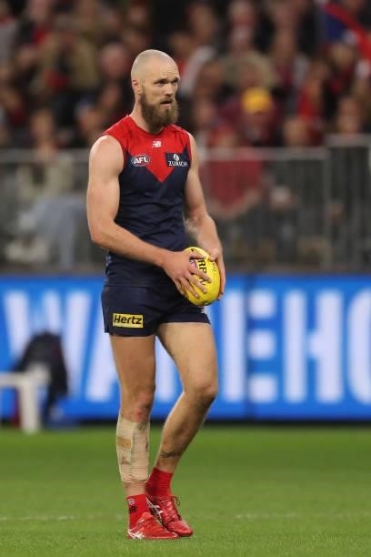 Max Gawn of the Demons lines up a kick on goal during the 2021 AFL First Preliminary Final match between the Melbourne Demons and the Geelong Cats at...