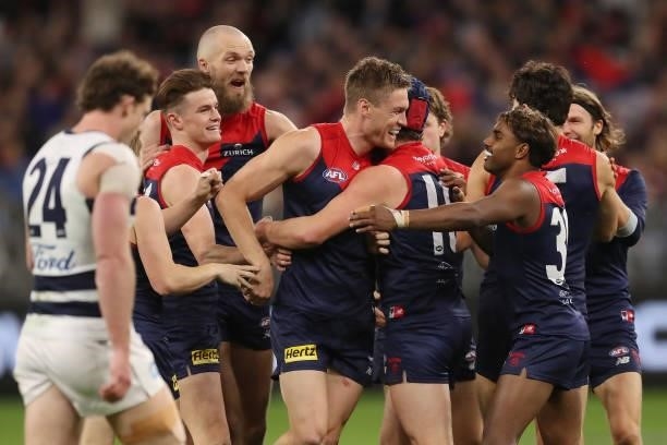 Tom McDonald of the Demons celebrates after scoring a goal during the 2021 AFL First Preliminary Final match between the Melbourne Demons and the...
