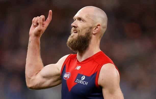 Max Gawn of the Demons celebrates a goal during the 2021 AFL First Preliminary Final match between the Melbourne Demons and the Geelong Cats at Optus...