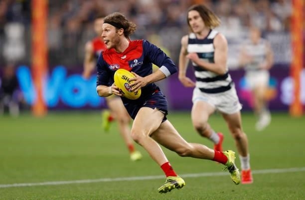 Ed Langdon of the Demons in action during the 2021 AFL First Preliminary Final match between the Melbourne Demons and the Geelong Cats at Optus...