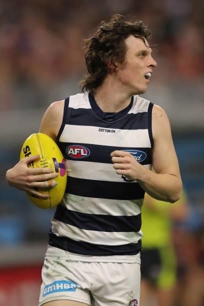 Max Holmes of the Cats during the 2021 AFL First Preliminary Final match between the Melbourne Demons and the Geelong Cats at Optus Stadium on...