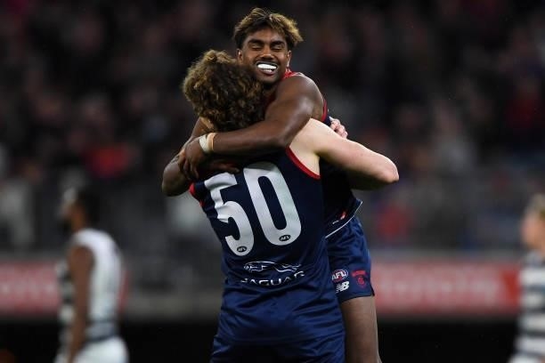 Kysaiah Pickett of the Demons celebrates a goal during the 2021 AFL First Preliminary Final match between the Melbourne Demons and the Geelong Cats...