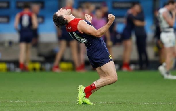 Michael Hibberd of the Demons celebrates as the final siren sounds during the 2021 AFL First Preliminary Final match between the Melbourne Demons and...