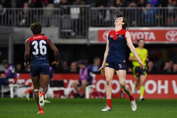 Kysaiah Pickett and Ben Brown of the Demons celebrate the win on the final siren during the 2021 AFL First Preliminary Final match between the...