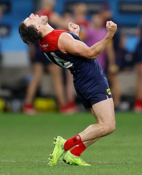 Michael Hibberd of the Demons celebrates as the final siren sounds during the 2021 AFL First Preliminary Final match between the Melbourne Demons and...